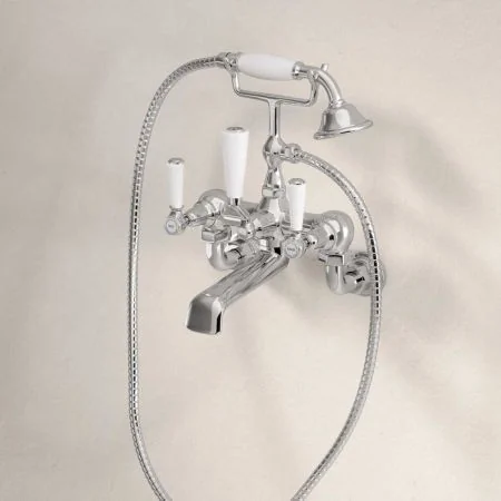 Linton Wall Mounted 2 Hole Bath Shower Mixer - White Lever - Chrome