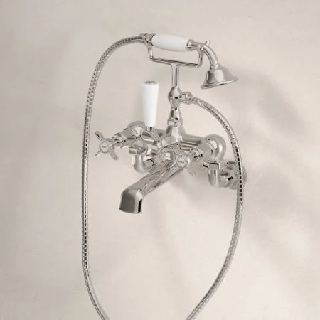 Linton Wall Mounted 2 Hole Bath Shower Mixer - Crosshead - Polished Nickel