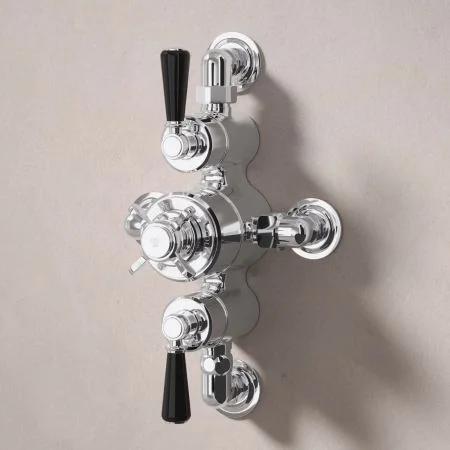 Linton Dual Outlet Semi Exposed Shower with Handheld Shower Hook, 500mm Wall Arm & 8" Rose - Black Lever - Chrome