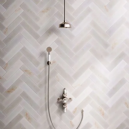 Linton Classic Dual Outlet Semi Exposed Shower with Handshower Hook, 210mm Ceiling Arm, 6" Rose & White Levers in Polished Nickel