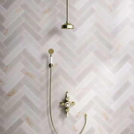 Linton Classic Dual Outlet Shower Kit - Semi-Exposed Valve - 6 inch Rose - White Ceramic Lever - Handshower Hook - Ceiling Mounted Rose - Timeless Brass