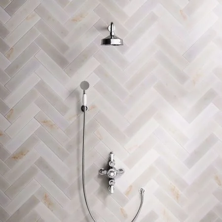 Linton Classic Dual Outlet Semi Exposed Shower with Handshower Hook, 500mm Wall Arm, 6" Rose & White Levers in Chrome
