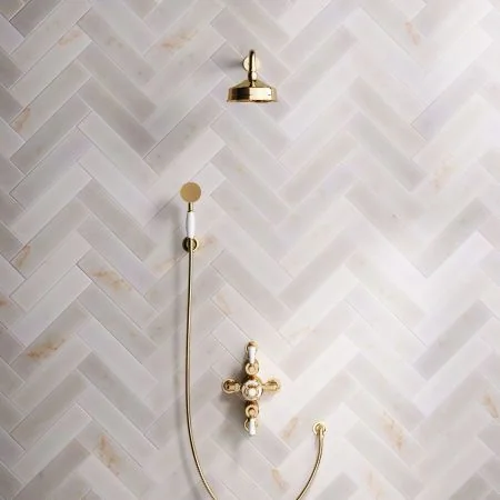 Linton Classic Dual Outlet Shower Kit - Semi-Exposed Valve - 6 inch Rose - White Ceramic Lever - Handshower Hook - Living Brass