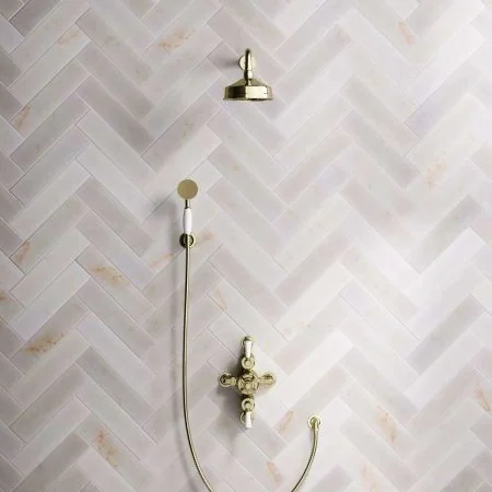 Linton Dual Outlet Shower Kit - Semi-Exposed Valve - 6 inch Rose - 500mm Shower Arm - White Ceramic Lever - Handshower Hook - Timeless Brass