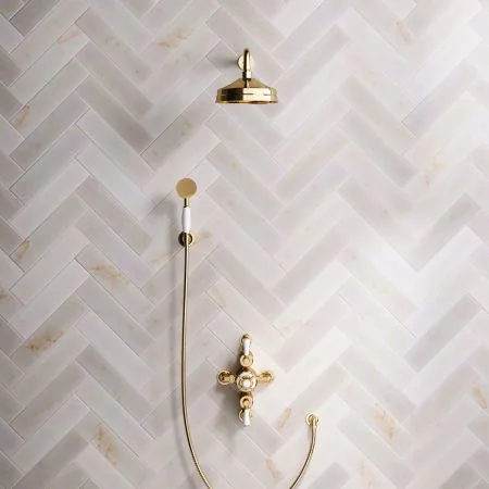Linton Classic Dual Outlet Shower Kit - Semi-Exposed Valve - 8 inch Rose - White Ceramic Lever - Handshower Hook - Living Brass