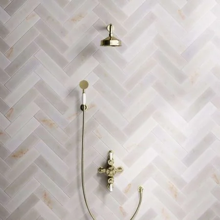 Linton Dual Outlet Shower Kit - Semi-Exposed Valve - 6 inch Rose - White Ceramic Lever - Handshower Hook - Timeless Brass