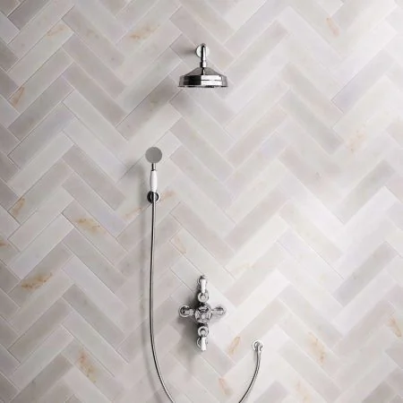 Linton Dual Outlet Semi Exposed Shower with Handshower Hook, 300mm Wall Arm, 8" Rose & White Levers in Chrome