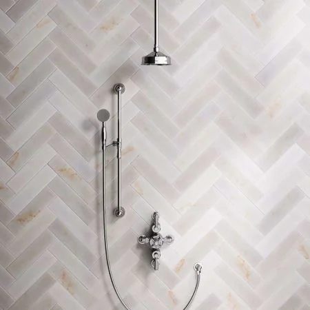 Linton Dual Outlet Semi Exposed Shower with Slider Rail, 210mm Ceiling Arm, 6" Rose & Metal Levers in Chrome