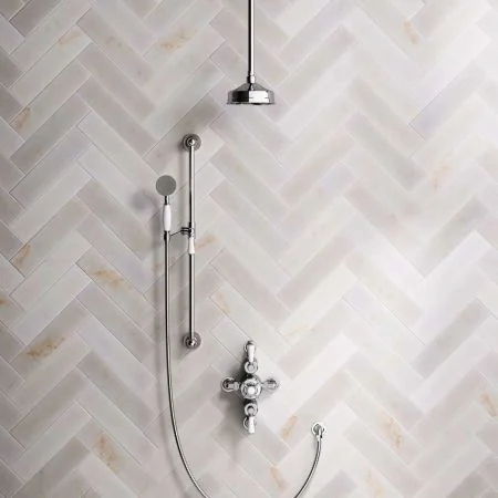 Linton Classic Dual Outlet Semi Exposed Shower with Slider Rail, 210mm Ceiling Arm, 6" Rose & White Levers in Chrome