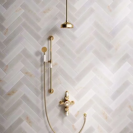 Linton Classic Dual Outlet Shower Kit - Semi-Exposed Valve - 6 inch Rose - White Ceramic Lever - Handshower Slider-Rail - Ceiling Mounted Rose - Living Brass