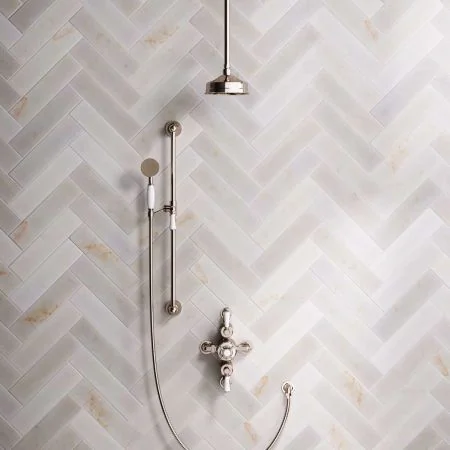 Linton Classic Dual Outlet Semi Exposed Shower with Slider Rail, 210mm Ceiling Arm, 6" Rose & White Levers in Polished Nickel