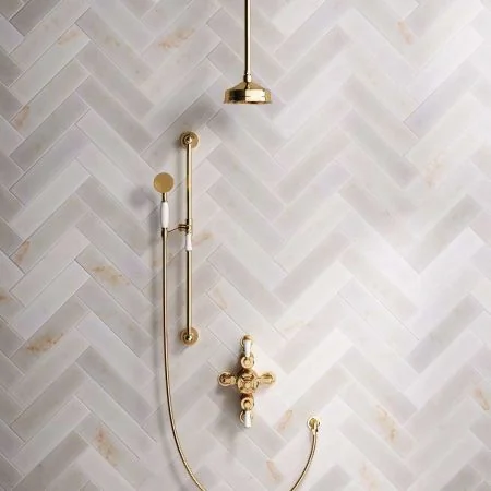 Linton Dual Outlet Shower Kit - Semi-Exposed Valve - 6 inch Rose - White Ceramic Lever - Handshower Slider-Rail - Ceiling Mounted Rose - Living Brass