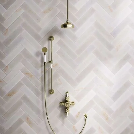 Linton Dual Outlet Shower Kit - Semi-Exposed Valve - 6 inch Rose - White Ceramic Lever - Handshower Slider-Rail - Ceiling Mounted Rose - Timeless Brass