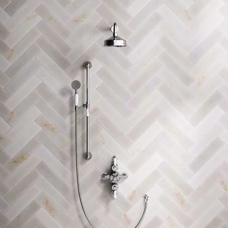 Linton Dual Outlet Semi Exposed Shower with Slider Rail, 500mm Wall Arm, 6" Rose & White Levers in Chrome