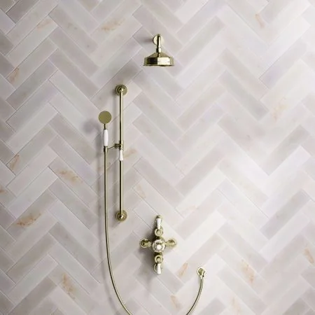 Linton Classic Dual Outlet Shower Kit - Semi-Exposed Valve - 6 inch Rose - White Ceramic Lever - Handshower Slider-Rail - Timeless Brass