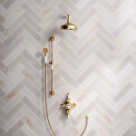 Linton Classic Dual Outlet Shower Kit - Semi-Exposed Valve - 8 inch Rose - White Ceramic Lever - Handshower Slider-Rail - Living Brass