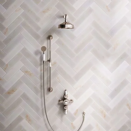 Linton Classic Dual Outlet Semi Exposed Shower with Slider Rail, 300mm Wall Arm, 8" Rose & White Levers in Polished Nickel