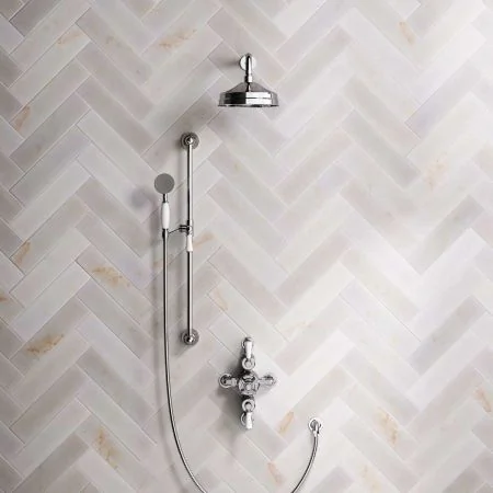 Linton Dual Outlet Semi Exposed Shower with Slider Rail, 300mm Wall Arm, 8" Rose & White Levers in Chrome
