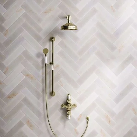 Linton Dual Outlet Shower Kit - Semi-Exposed Valve - 8 inch Rose - White Ceramic Lever - Handshower Slider-Rail - Timeless Brass