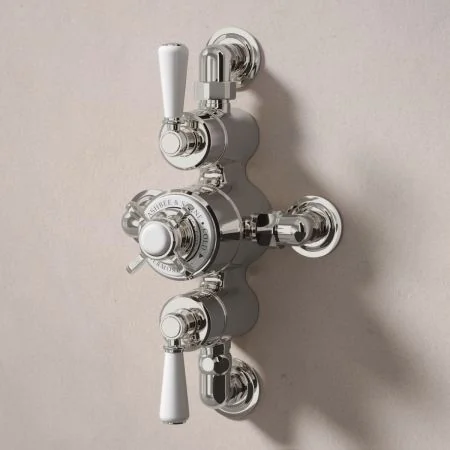 Linton Classic Dual Outlet Semi Exposed Shower with Handheld Shower Hook, 210mm Ceiling Arm & 8" Rose - White Lever - Polished Nickel