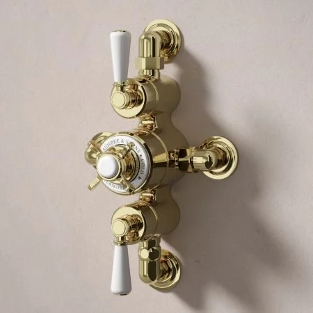 Linton Classic Dual Outlet Semi Exposed Shower with Handheld Shower Hook, 210mm Ceiling Arm & 6" Rose - White Lever - Timeless Brass