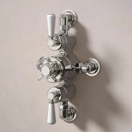 Linton Dual Outlet Semi Exposed Shower with Handheld Shower Hook, 500mm Wall Arm & 6" Rose - White Lever - Polished Nickel