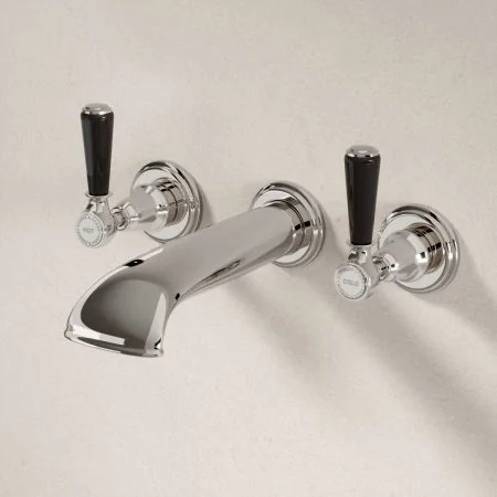 Linton Wall Mounted 3 Hole Bath Filler - Black Lever - Polished Nickel