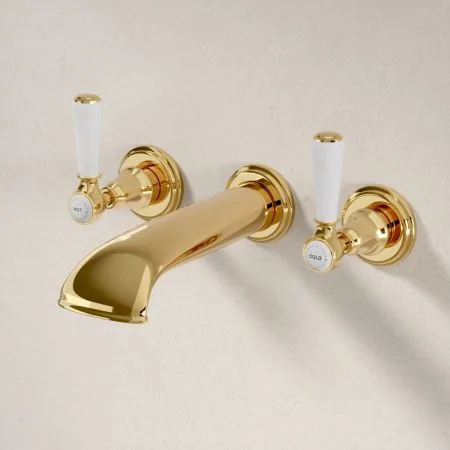 Linton Classic 3 Hole Bath Filler with White Levers in Living Brass