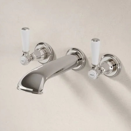 Linton Classic 3 Hole Bath Filler with White Levers in Polished Nickel