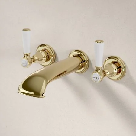 Linton Classic 3 Hole Bath Filler with White Levers in Timeless Brass