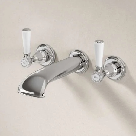 Linton Wall Mounted 3 Hole Bath Filler - White Lever - Chrome