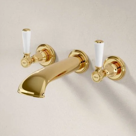Linton Wall Mounted 3 Hole Bath Filler - White Lever - Living Brass