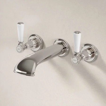 Linton Wall Mounted 3 Hole Bath Filler - White Lever - Polished Nickel
