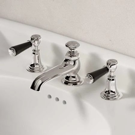 Linton Deck Mounted 3 Hole Basin Mixer with Pop Up Waste - Black Lever - Nickel