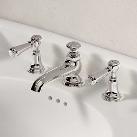 Linton Deck Mounted 3 Hole Basin Mixer with Pop Up Waste - Metal Lever - Nickel