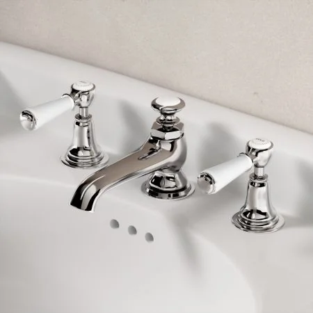 Linton Classic 3 Hole Basin Mixer with Pop Up Waste & White Levers - Chrome