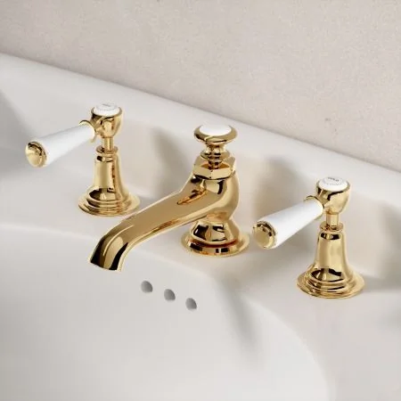 Linton Classic 3 Hole Basin Mixer with Pop Up Waste & White Levers - Living Brass