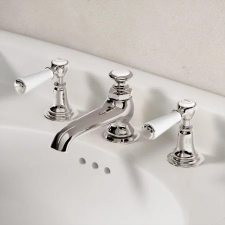 Linton Classic 3 Hole Basin Mixer with Pop Up Waste & White Levers - Polished Nickel