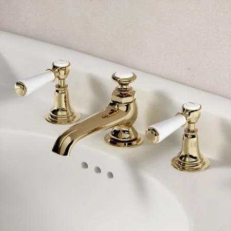 Linton Classic 3 Hole Basin Mixer with Pop Up Waste & White Levers - Timeless Brass