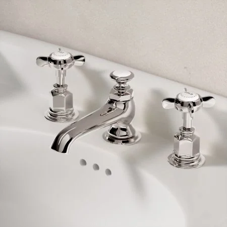 Linton Classic 3 Hole Basin Mixer with Pop Up Waste & Crossheads - Polished Nickel