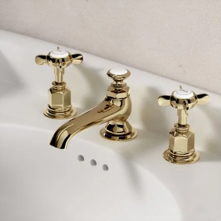 Linton Classic 3 Hole Basin Mixer with Pop Up Waste & Crossheads - Timeless Brass