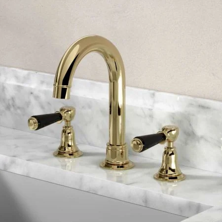 Linton Deck Mounted 3 Hole Basin Mixer with Swan Neck Spout - Black Lever
