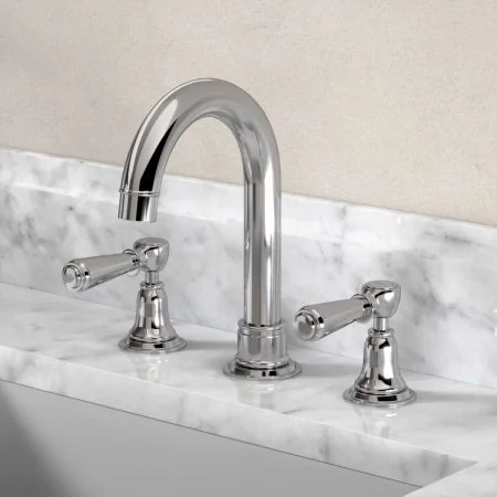 Linton Deck Mounted 3 Hole Basin Mixer with Swan Neck Spout - Metal Lever - Chrome