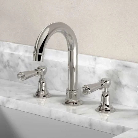Linton Deck Mounted 3 Hole Basin Mixer with Swan Neck Spout - Metal Lever - Nickel