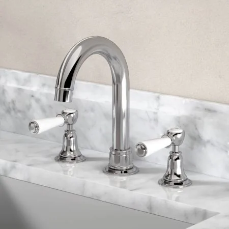 Linton Classic 3 Hole Basin Mixer with Swan Neck Spout & White Levers in Chrome