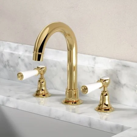 Linton Classic 3 Hole Basin Mixer with Swan Neck Spout & White Levers in Living Brass