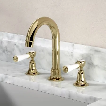 Linton Classic 3 Hole Basin Mixer with Swan Neck Spout & White Levers in Timeless Brass