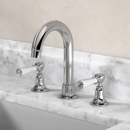 Linton Deck Mounted 3 Hole Basin Mixer with Swan Neck Spout - White Lever - Chrome