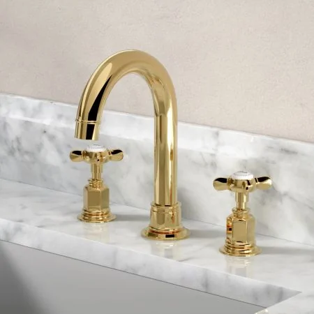 Linton Classic 3 Hole Basin Mixer - Swan Neck Spout - Crosshead - Living Brass Finish