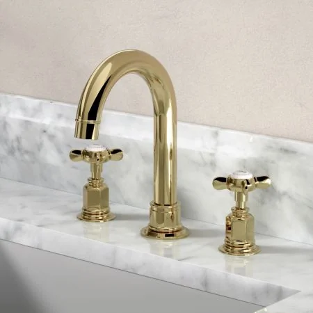 Linton Classic 3 Hole Basin Mixer with Swan Neck Spout & Crossheads in Timeless Brass